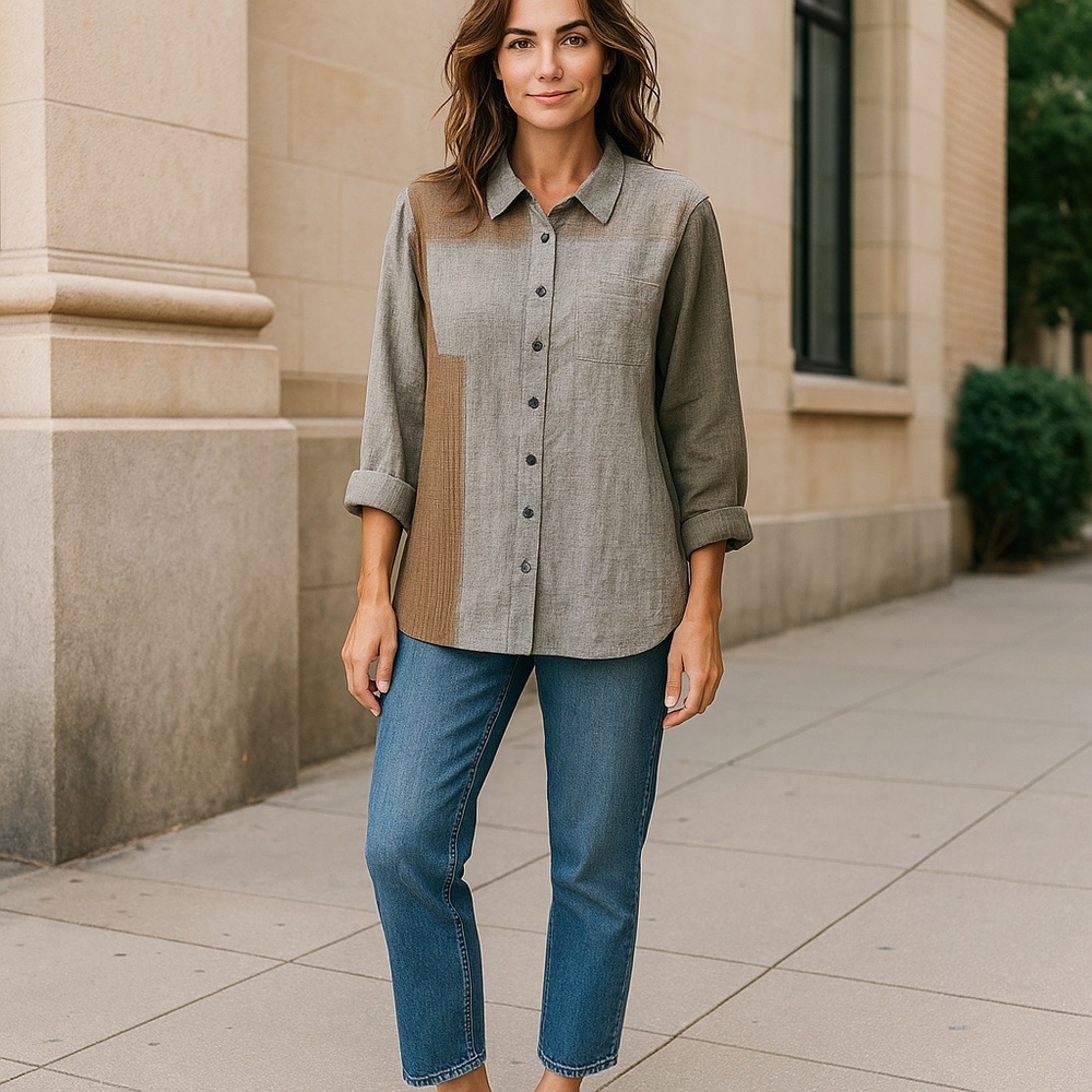 FLAX 100% Linen Gray & Brown Button Front Long Sleeve Lagenlook Top Size 18/20